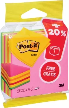 Een Post-it Notes kubus ft 76 mm x 76 mm, Neon, blok van 325 + 65 vel gratis, op blister koop je bij ShopXPress