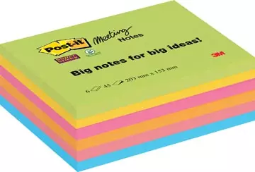 Een Post-it Super Sticky Meeting notes, 45 vel, ft 203 x 153 mm, geassorteerde kleuren, pak van 6 blokken koop je bij ShopXPress