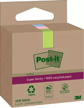 Een Post-it Super Sticky Notes Recycled, 70 vel, ft 47,6 x 47,6 mm, assorti, pak van 3 blokken koop je bij ShopXPress