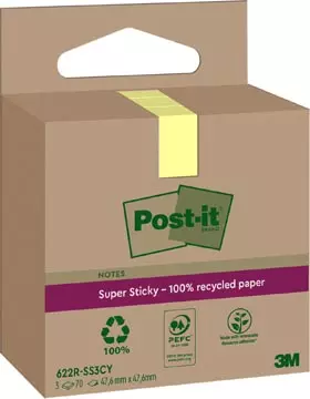 Een Post-it Super Sticky Notes Recycled, 70 vel, ft 47,6 x 47,6 mm, geel, pak van 3 blokken koop je bij ShopXPress