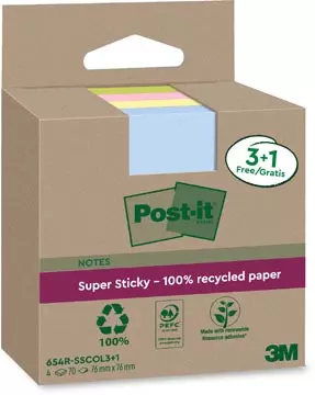 Een Post-it Super Sticky Notes Recycled, 70 vel, ft 76 x 76 mm, assorti, 3 + 1 GRATIS koop je bij ShopXPress