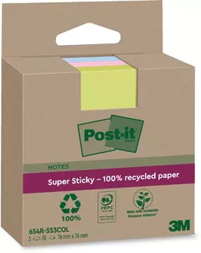 Een Post-it Super Sticky Notes Recycled, 70 vel, ft 76 x 76 mm, assorti, pak van 3 blokken koop je bij ShopXPress