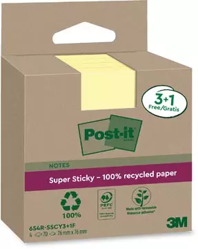 Een Post-it Super Sticky Notes Recycled, 70 vel, ft 76 x 76 mm, geel, 3 + 1 GRATIS koop je bij ShopXPress