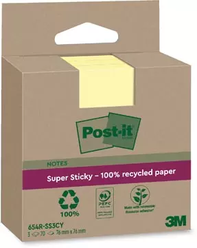 Een Post-it Super Sticky Notes Recycled, 70 vel, ft 76 x 76 mm, geel, pak van 3 blokken koop je bij ShopXPress