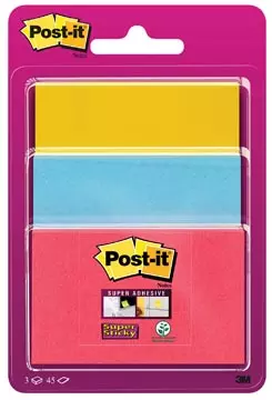 Een Post-it Super Sticky notes, 45 vel, 3 formaten, geassorteerde kleuren , op blister koop je bij ShopXPress