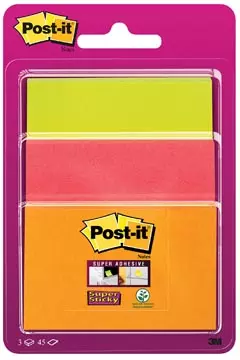 Een Post-it Super Sticky notes, 45 vel, 3 formaten, geassorteerde neon kleuren , op blister koop je bij ShopXPress