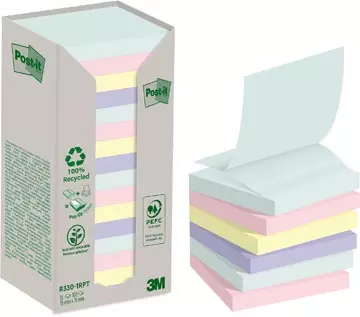 Een Post-it recycled Z-notes, 100 vel, ft 76 x 76 mm, assorti, pak van 16 blokken koop je bij ShopXPress