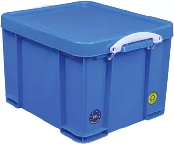 Een Really Useful Box opbergdoos 35 liter, neonblauw met witte handvaten koop je bij ShopXPress