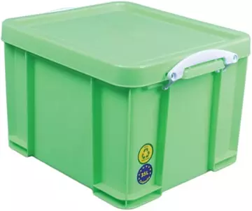 Een Really Useful Box opbergdoos 35 liter, neongroen met witte handvaten koop je bij ShopXPress