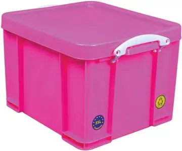 Een Really Useful Box opbergdoos 35 liter, neonroze met witte handvaten koop je bij ShopXPress