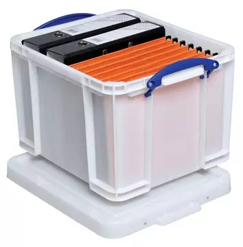 Een Really Useful Box opbergdoos 35 liter, wit met blauwe handvaten koop je bij ShopXPress