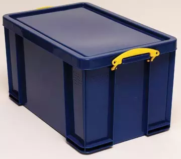 Een Really Useful Box opbergdoos 84 liter, donkerblauw met gele handvaten koop je bij ShopXPress