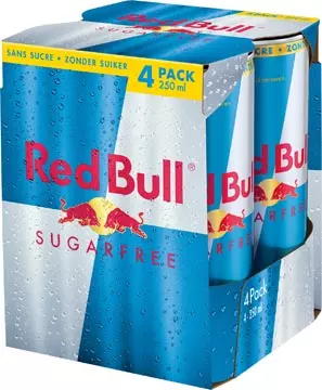 Een Red Bull energiedrank, sugarfree, blik van 25 cl, pak van 4 stuks koop je bij ShopXPress