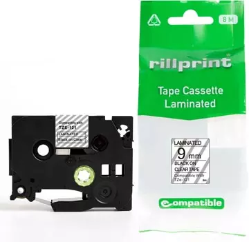 Een Rillprint compatible TZe tape voor Brother TZe-121, 9 mm, zwart op transparant koop je bij ShopXPress