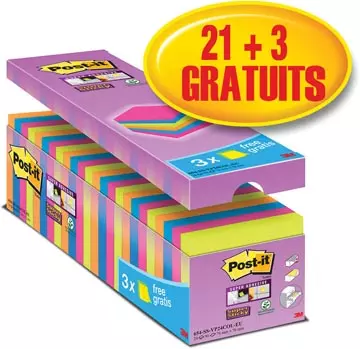 Een Post-it super Sticky notes, 90 vel, ft 76 x 76 mm, geassorteerde kleuren, pak van 21 blokken + 3 gratis koop je bij ShopXPress