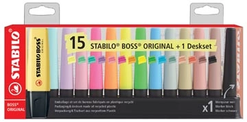 Een STABILO BOSS markeerstift pastel en natuur, geassorteerde kleuren met zwart, deskset van 15 stuks koop je bij Supplierz BV