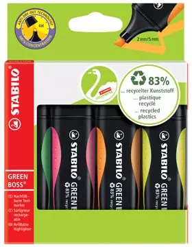 Een STABILO GREENBOSS markeerstift, blister van 4 stuks in geassorteerde kleuren koop je bij ShopXPress