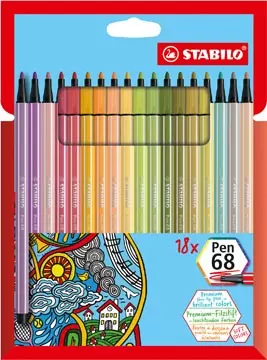 Een STABILO Pen 68 viltstift, kartonnen etui van 18 stuks in geassorteerde zachte kleuren koop je bij ShopXPress