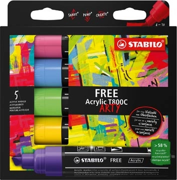 Een STABILO free acrylmarker T800 Seaside, schuine punt, 4-10 mm, geassorteerde kleuren, pak van 5 stuks koop je bij Supplierz BV