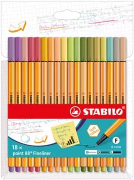 Een STABILO point 88 fineliner, kartonnen etui van 18 stuks in geassorteerde zachte kleuren koop je bij ShopXPress