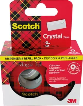 Een Scotch Crystal Tape plakband ft 19 mm x 7,5 m, dispenser + 3 rolletjes, ophangbaar doosje koop je bij ShopXPress