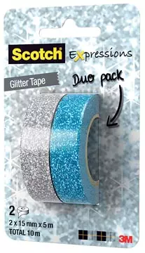 Een Scotch Expressions glitter tape, 15 mm x 5 m, blister met 2 stuks in geassorteerde kleuren koop je bij ShopXPress