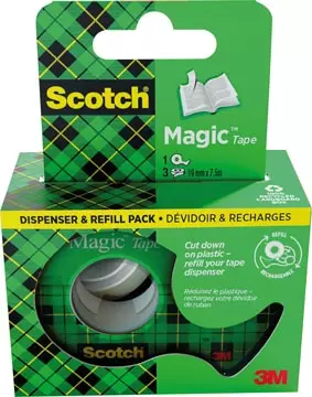 Een Scotch Magic Tape plakband ft 19 mm x 7,5 m, dispenser + 3 rolletjes, ophangbaar doosje koop je bij ShopXPress