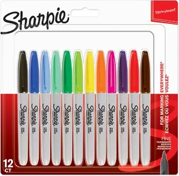 Een Sharpie permanente marker, fijn, blister van 12 stuks in geassorteerde kleuren koop je bij ShopXPress