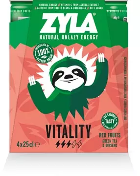 Een Zyla energiedrank Vitality, rode vruchten, blik van 25 cl, pak van 4 stuks koop je bij ShopXPress
