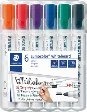 Een Staedtler Lumocolor whiteboardmarker etui van 6 stuks in geassorteerde kleuren koop je bij ShopXPress