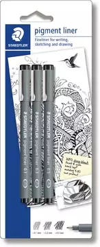 Een Staedtler fineliner Pigment Liner blister van 3 stuks: 0,1; 0,3 en 0,5 mm koop je bij ShopXPress