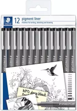 Een Staedtler pigment liner fineliner, verschillende schrijfbreedtes, set van 12 stuks, zwart koop je bij ShopXPress