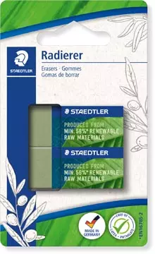 Een Staedtler gum Eco, olijfgroen, ft 43 x 19 x 13 mm, blister van 2 stuks koop je bij ShopXPress