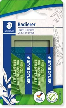 Een Staedtler gum Eco, olijfgroen, ft 65 x 23 x 13 mm, blister van 2 stuks koop je bij ShopXPress