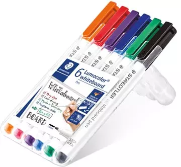 Een Staedtler whiteboard pen Lumocolor Pen, opstelbare box met 6 stuks in geassorteerde kleuren koop je bij ShopXPress