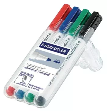 Een Staedtler whiteboardmarker Lumocolor Compact opstelbare box met 4 stuks in geassorteerde kleuren koop je bij ShopXPress