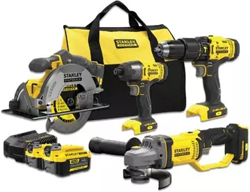 Een Stanley Fatmax schroefklopboor, slagschroevendraaier, cirkelzaag, haakse slijper 18V + 2 accu's + softbag koop je bij ShopXPress