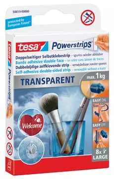 Een Tesa Powerstrips Transparent, draagkracht 1 kg, transparant, blister van 8 stuks koop je bij ShopXPress