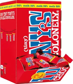 Een Tony's Chocolonely mini chocoladereep, 900g, doos van 100 stuks apart verpakt, melk koop je bij ShopXPress