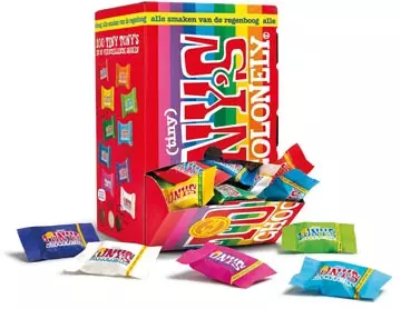 Een Tony's Chocolonely mini chocoladereep, 900g, doos van 100 stuks apart verpakt, mix koop je bij ShopXPress