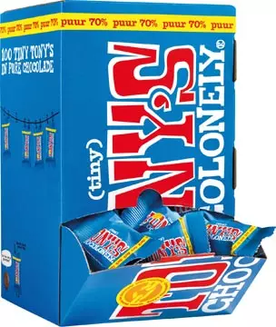 Een Tony's Chocolonely mini chocoladereep, 900g, doos van 100 stuks apart verpakt, puur koop je bij ShopXPress