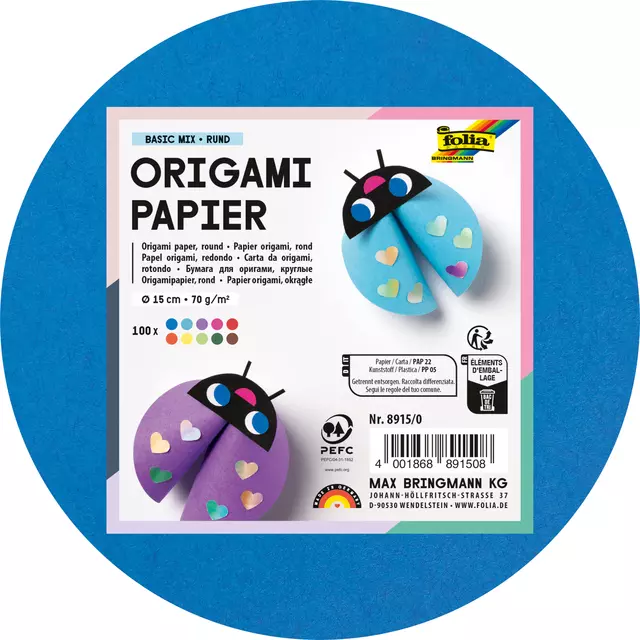 Een Origami papier Folia 70gr rond 15cm 100 vel assorti kleuren koop je bij De Joma BV