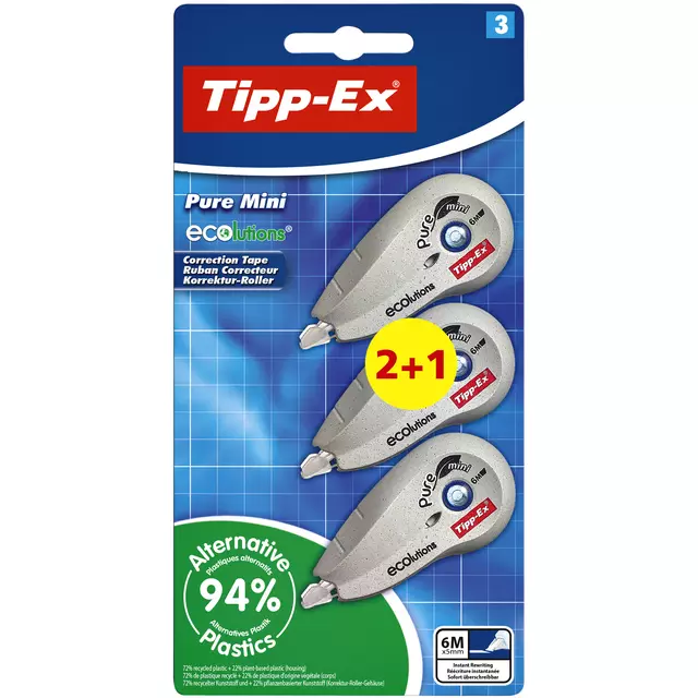 Een Correctieroller Tipp-ex mini pure ecolutions 5mmx6m blister 2+1 gratis koop je bij Deska Alles voor Kantoor