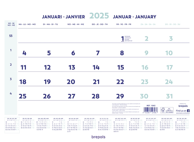 Een 1-Maandskalender 2025 Brepols 43x31.5cm koop je bij Topkantoor Repro Creatief