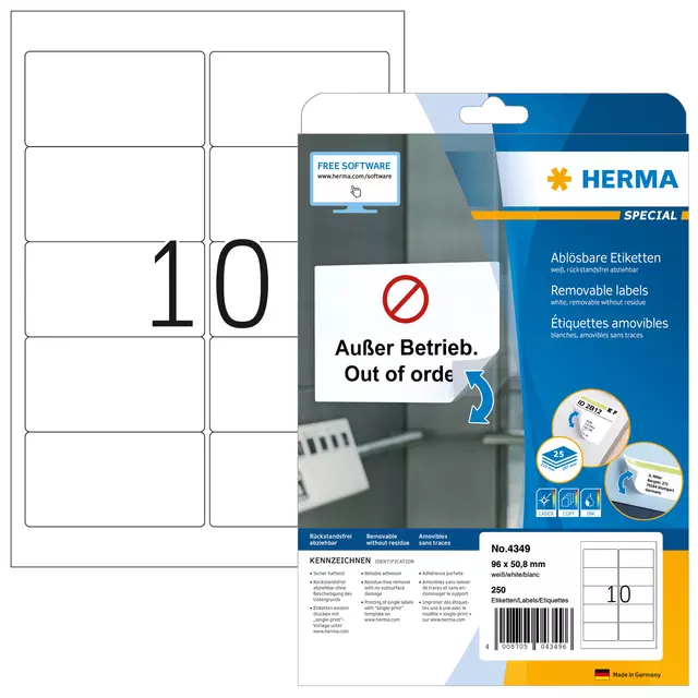 Een Etiket HERMA 4349 A4 96x50.8mm verwijderbaar wit koop je bij All Office Kuipers BV
