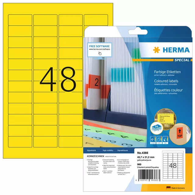 Een Etiket HERMA 4366 A4 45.7x21.2mm verwijderb geel koop je bij All Office Kuipers BV
