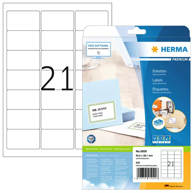 Een Etiket HERMA 5029 A4 63.5x38.1mm premium 525stuks wit koop je bij Kantorice office & business supplies