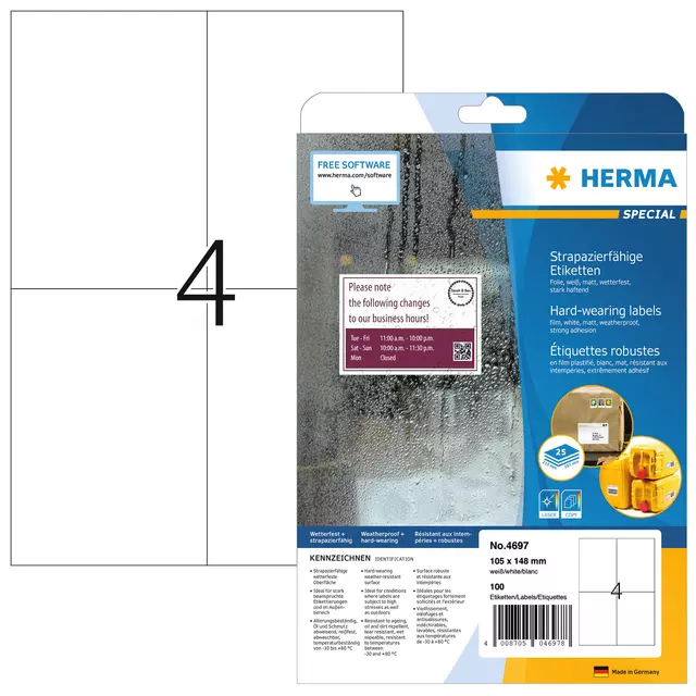 Een Etiket HERMA 4697 105x148mm A4 weerbestendig wit koop je bij All Office Kuipers BV