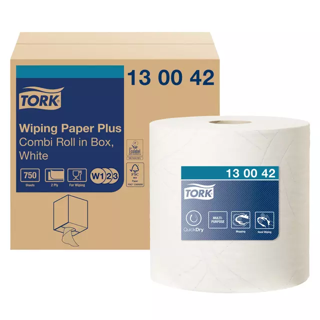 Een Papier d'essuyage Tork Wiping Plus Combi W1/2/3 130042 multi-usages 2 ép 255m blanc koop je bij QuickOffice BV