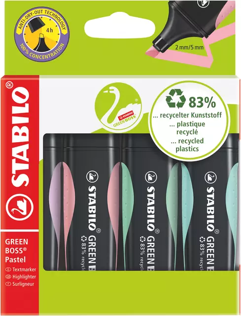 Buy your Markeerstift STABILO GREEN BOSS 6070/4 pastel assorti etui à 4 stuks at QuickOffice BV